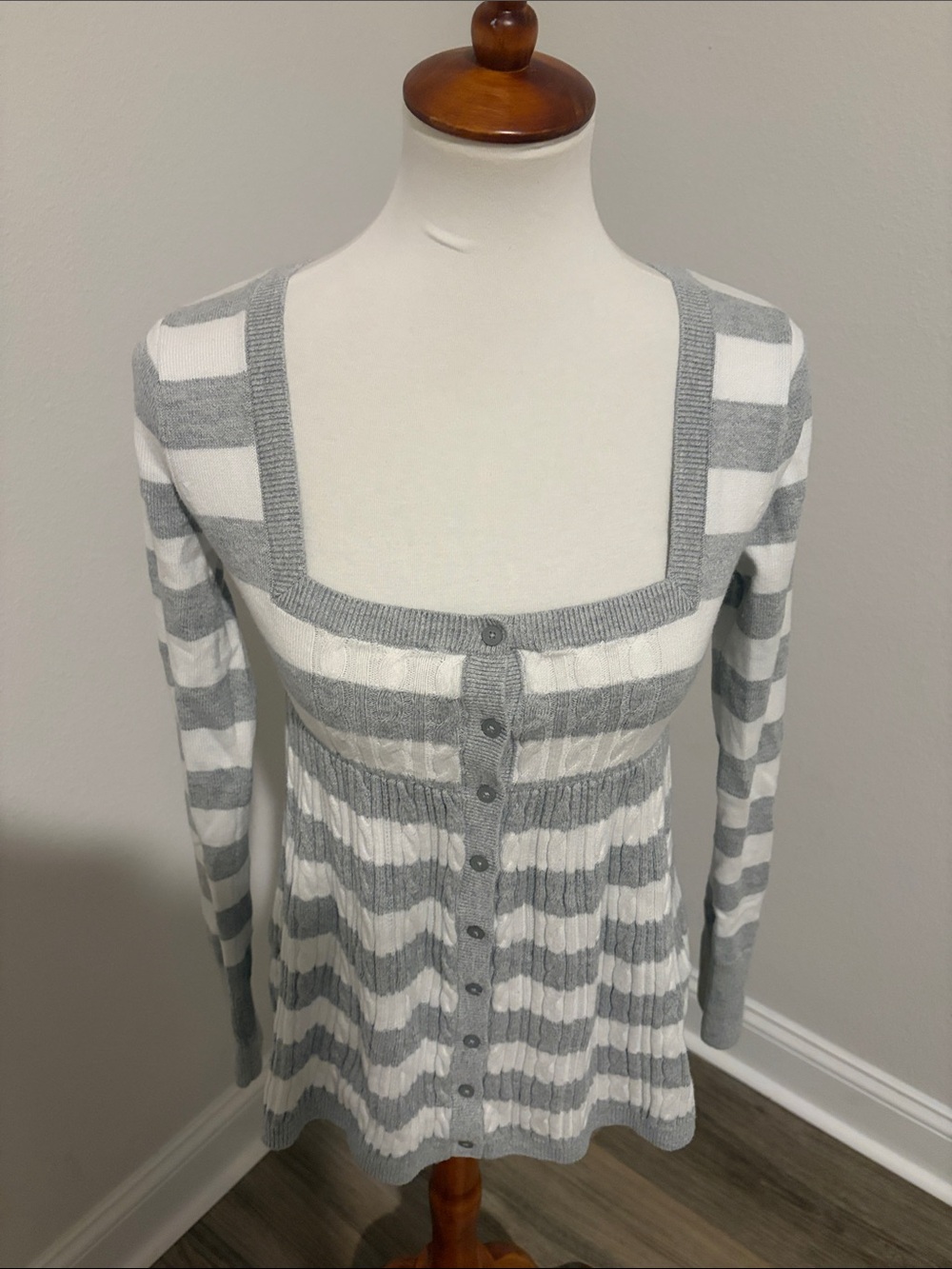 Hollister Light Gray & White Striped Knit Cardigan